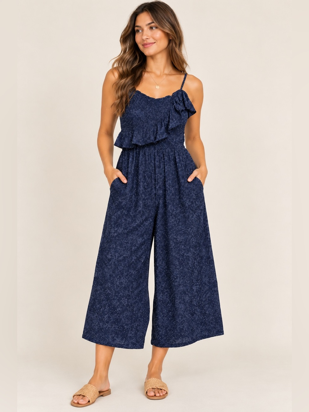 Women's Heartloom Navy Blue White Polka Dot Smocked Ruffle Jumpsuit 21.5” length